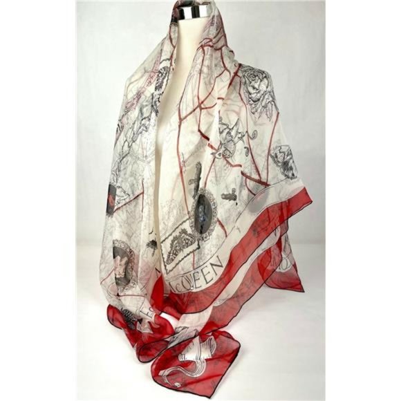 New Alexander McQueen Ivory Silk Red Skull Floral Map Scarf Shawl Authentic - Picture 2 of 9